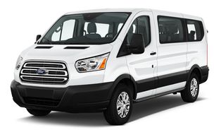 White Ford passenger van with black trim.