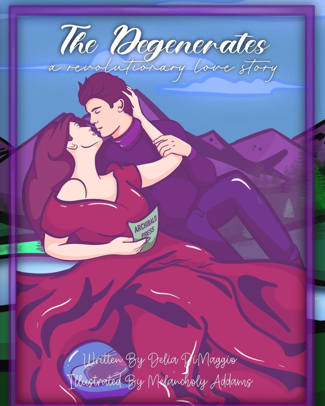 Romantic illustration of a couple embracing with mountains in the background.