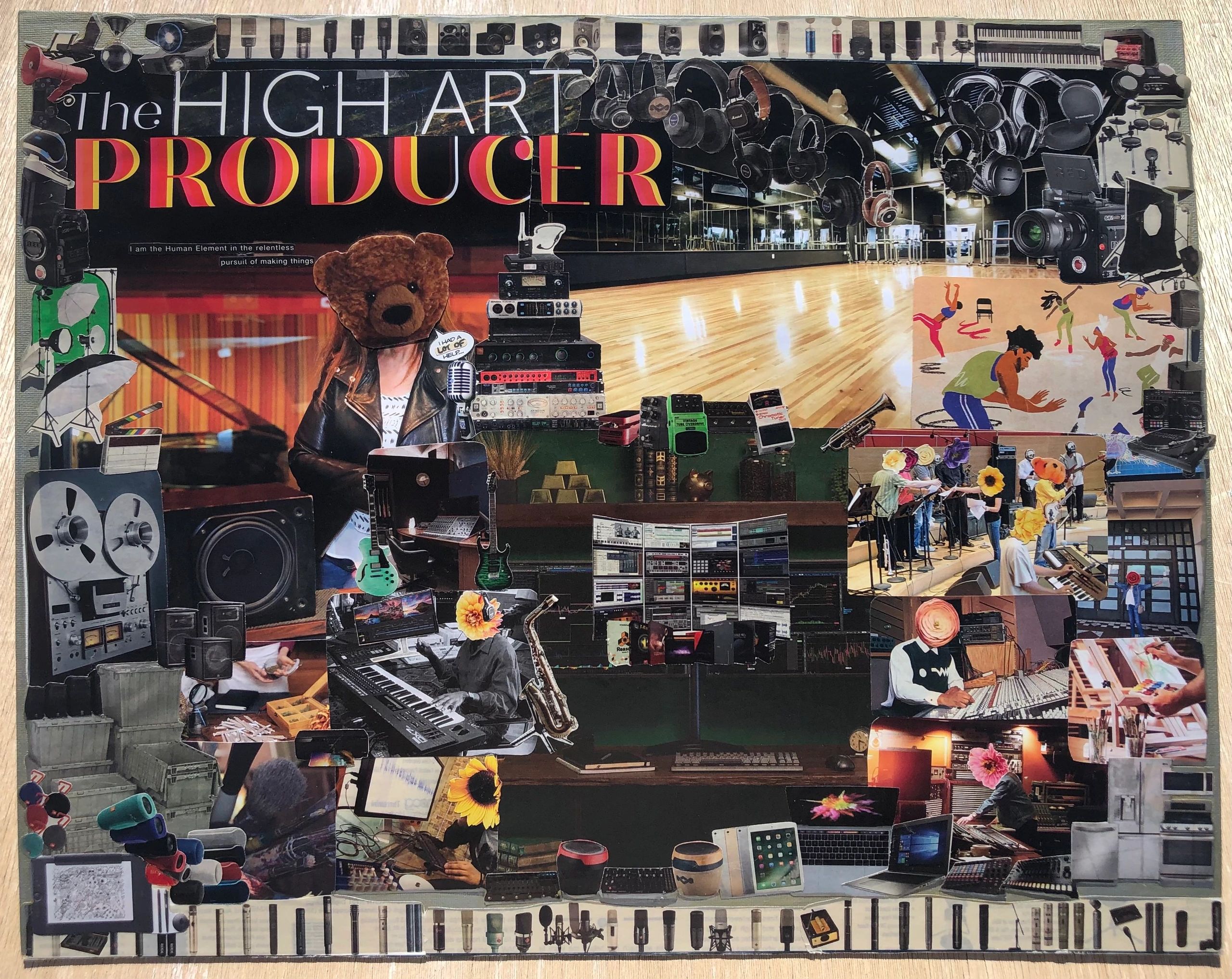 madame harlequin's analog collage. high art producer. images of recording equipment, music + dance
