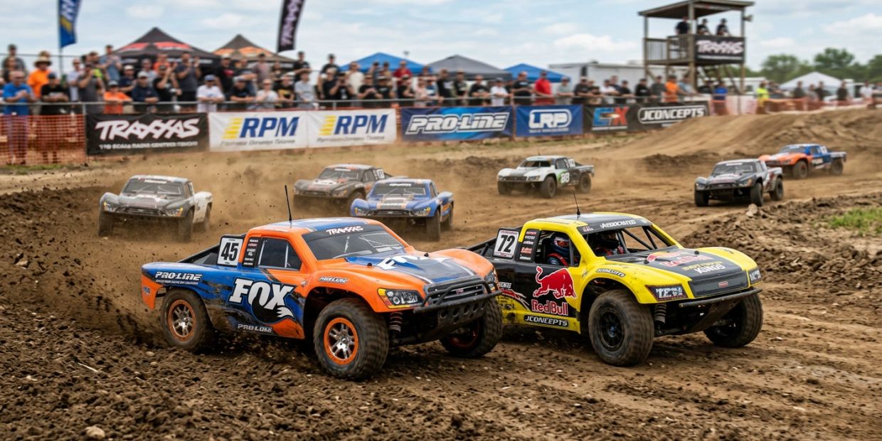 Two off-road RC trucks race closely on a dirt track with spectators watching.