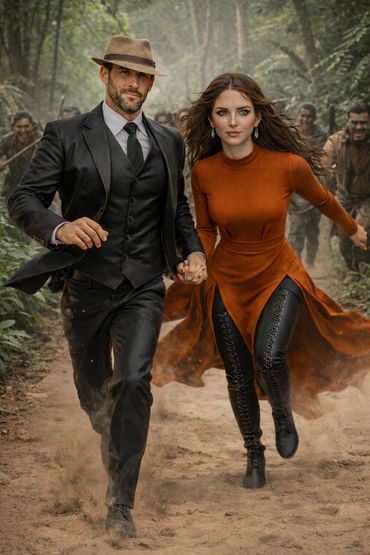A stylish couple running hand-in-hand through a forest, pursued by a group of people.