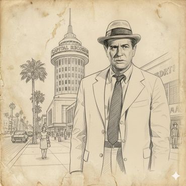 Vintage sketch of a man in a suit and hat near the Capital Records building.