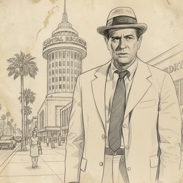 Vintage sketch of a man in a suit and hat near the Capital Records building.