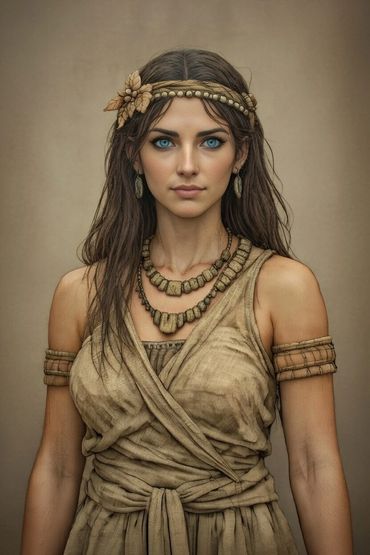 Portrait of a woman in ancient-style attire with striking blue eyes and earthy accessories.