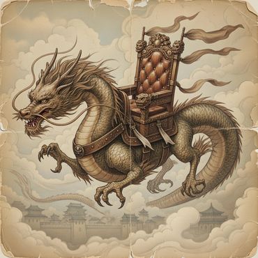 A fierce dragon with a throne on its back flying above a misty ancient city.