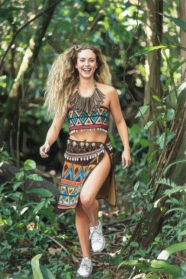 A joyful woman in tribal-inspired attire walks through a lush forest.