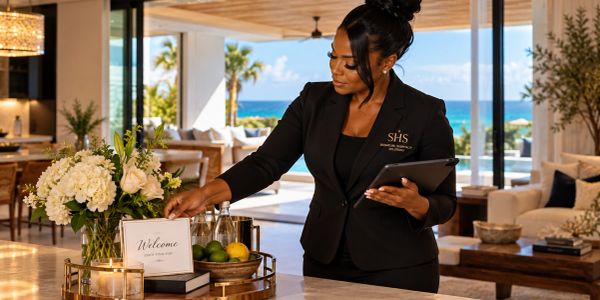 Hotel staff arranging a welcome card at a luxury resort.