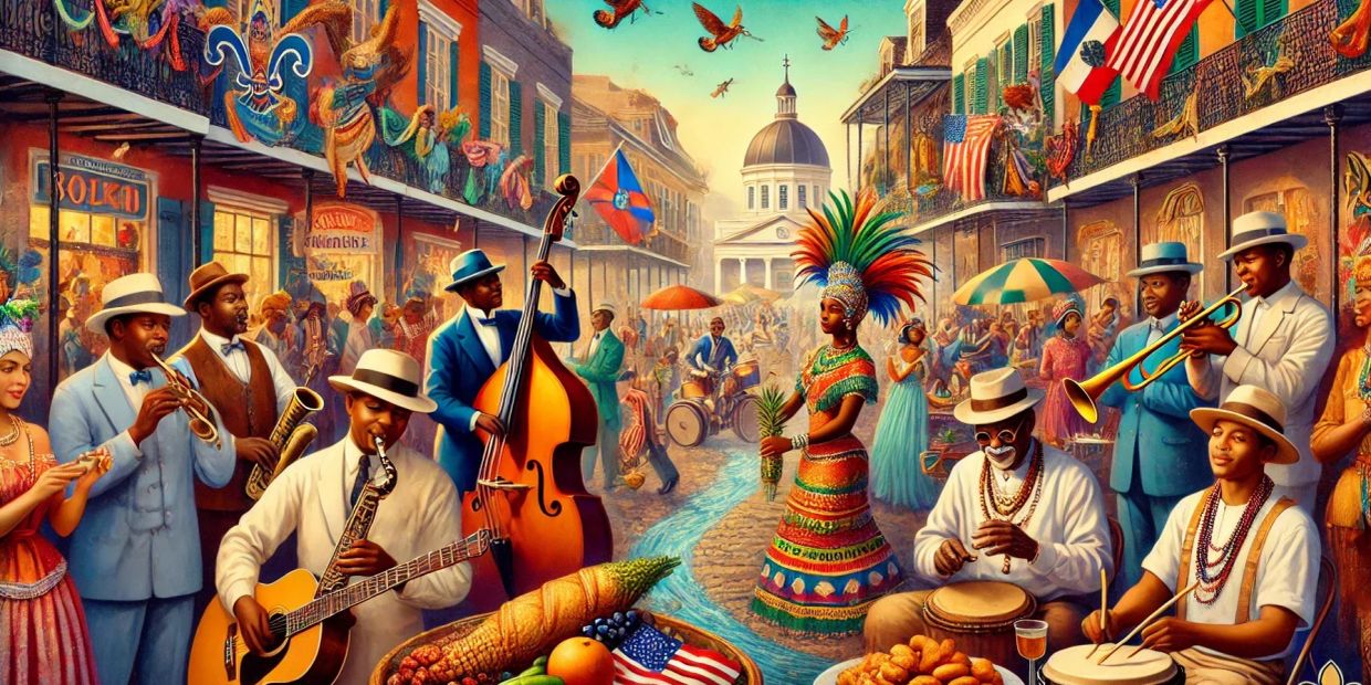 A lively street festival with jazz musicians and dancers.
