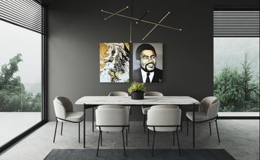 Customized commissioned painting Of late father accompanied by acrylic pour print