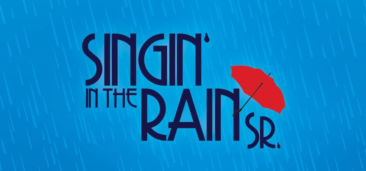 Logo for Singin' in the Rain Sr. with a red umbrella and raindrops.