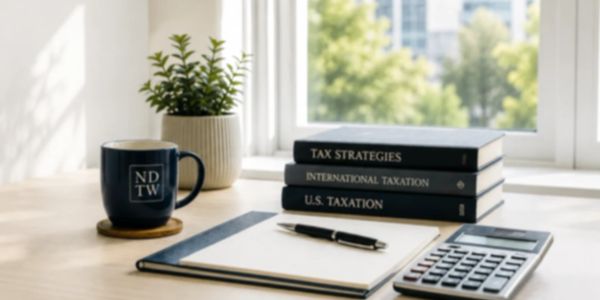 Desk with tax strategy books, notebook, pen, calculator, mug, and plant by window.