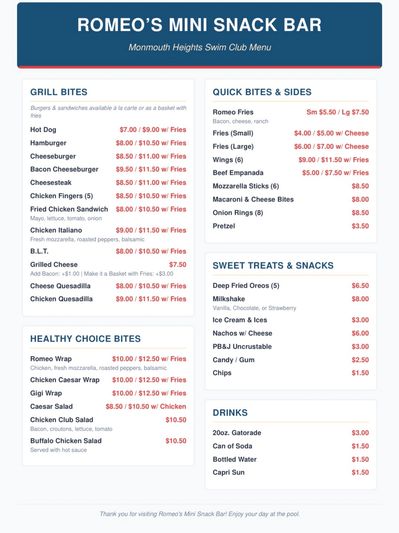 2026 Romeo’s Mini Snack Bar Menu