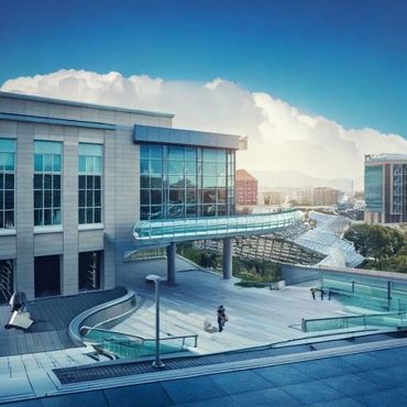 Prompt: glass skywalk, tube connect each building for accessibility.