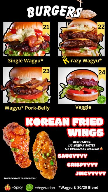 A spread of food featuring a Single Wagyu Burger, a Pork Belly Wagyu Burger, Krazy Wagyu a Veggie
