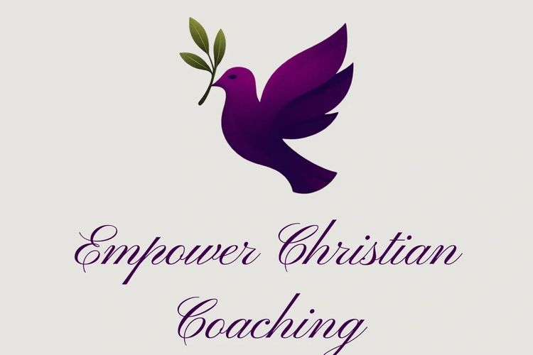 Purple dove holding a green olive branch, cursive empower christian coaching under the dove