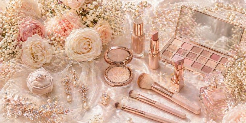 Elegant makeup set with brushes, lipstick, and floral decorations in soft peach tones.