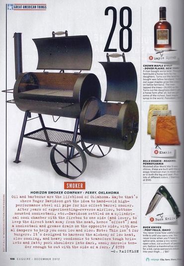 Horizon wood-burning smoker in "Esquire Magazine."