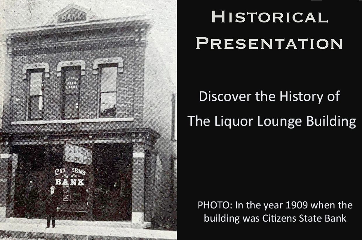 Historical photo of a 1909 bank building now known as the Liquor Lounge.
