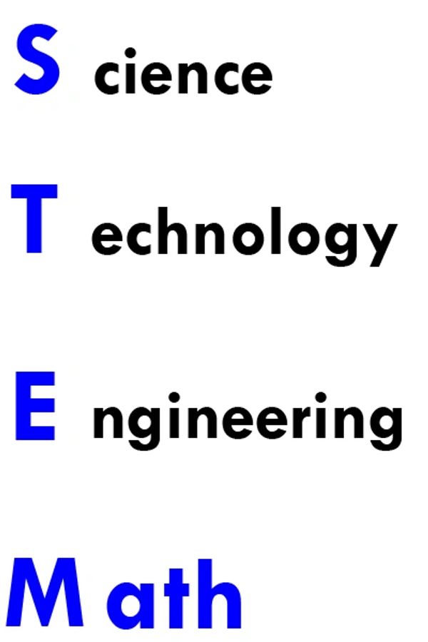vertical writing with the acronym STEM: Science, Technology, Engineering, Math.