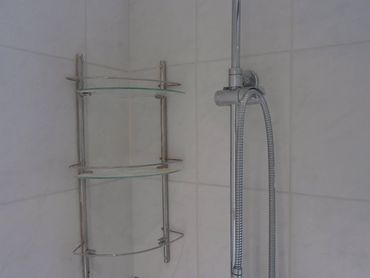 Seamless tile repair and regrouting of a previously water-damaged shower wall section.