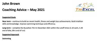 Example of written training advice from TriExcel coaching