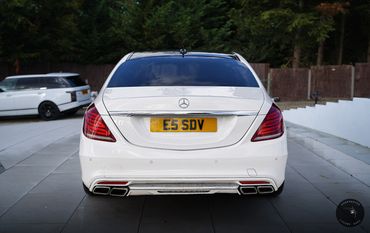 Rear view of S Class in white
White Mercedes S Class for hire in London and surrounding
