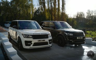 Black and white range rover vogue for hire full front view