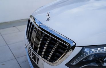 Mercedes S Class white custom front grille
White Mercedes S Class for hire in London and surrounding