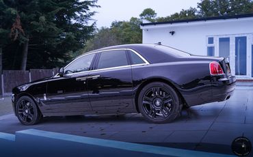 Rolls Royce Black Ghost 2 for hire sleek silhouette, perfect for any special occasion.