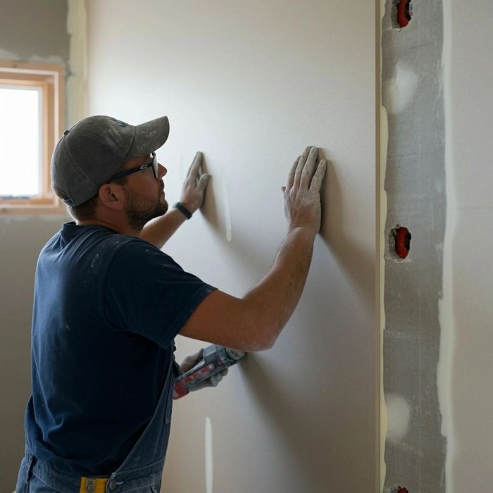 A worker installs drywall in a construction site.