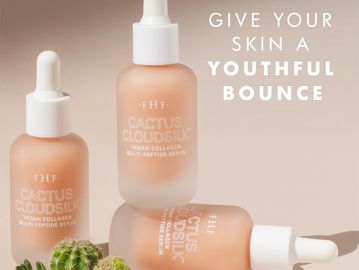 Skincare serum bottles with cactus plant and text for youthful skin.