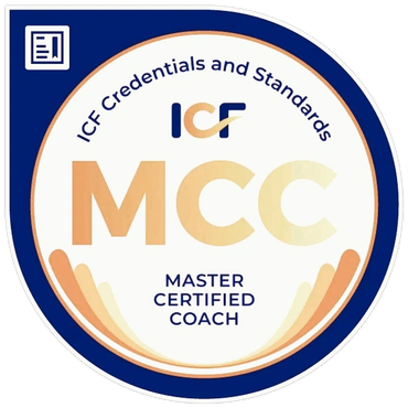 ICF MCC badge for Master Certified Coach in blue and orange.