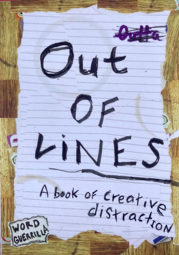 Torn notebook paper with "Out of Lines" handwritten message.
