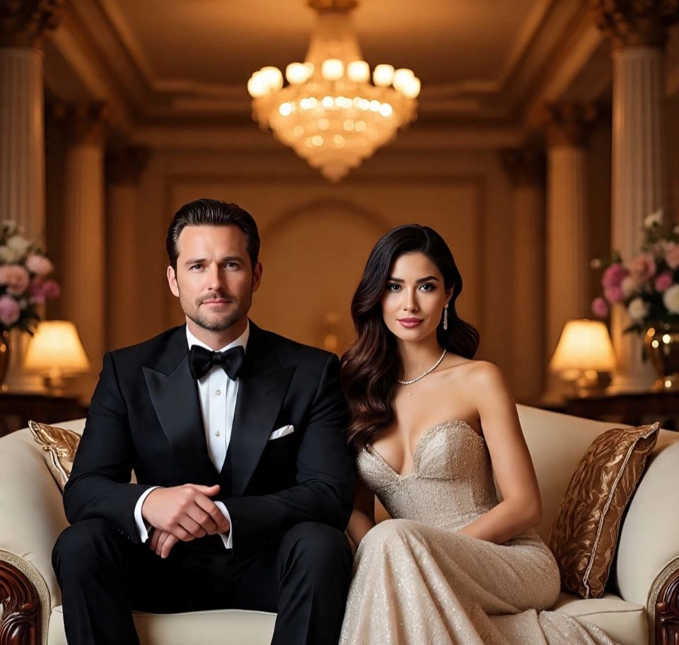 Beautiful couple lounging in New York luxury hotel.