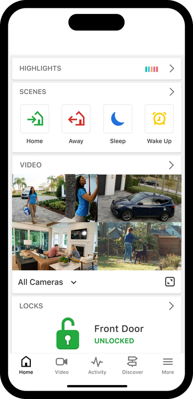 Home security app showing video feeds and front door unlocked status.