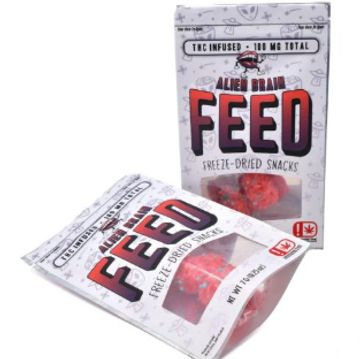 Packages of Alien Brain FEED THC-infused freeze-dried snacks.