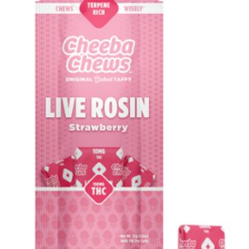 Pink Cheeba Chews Live Rosin Strawberry taffy with THC.