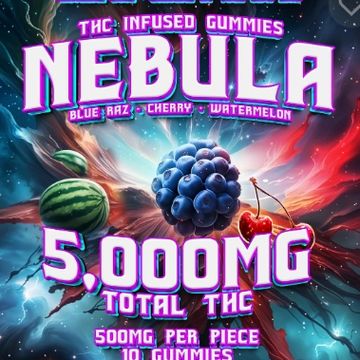 Colorful THC-infused gummy candy label with space theme and fruit images.