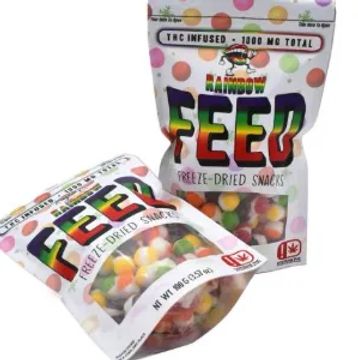 Colorful THC-infused freeze-dried snacks with a sold-out label.