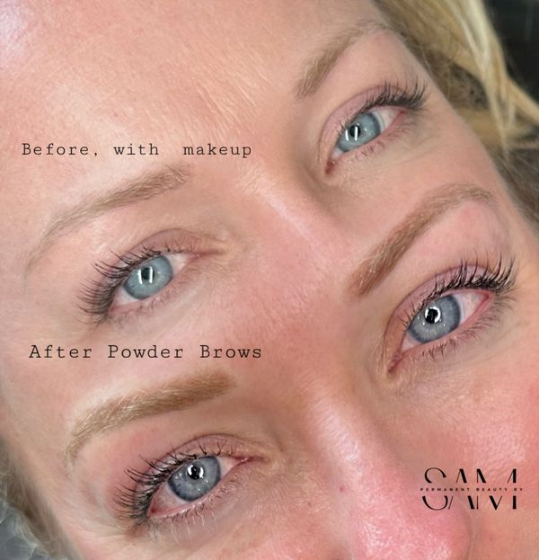 Before and after picture of powder brows showing the different between makeup and powder brows