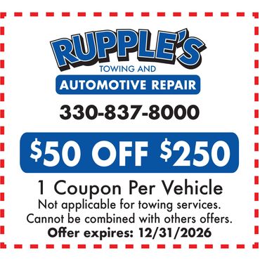 Coupon for $50 off $250 at Rupple's Automotive Repair, valid until 12/31/2026.