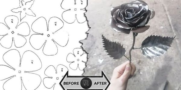 Hand holding a metallic rose next to flower petal templates.