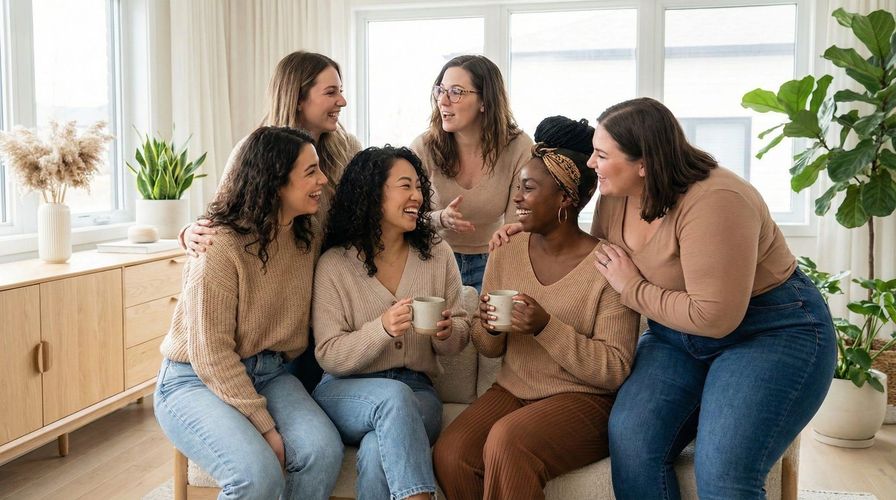Diverse group of women connecting and supporting one another in a warm, welcoming home.