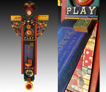 Assemblage artwork designed to hang on the wall. A mixed media art figure created out of reclaimed m