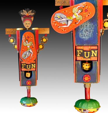 Guardian of the Inner Child. Mixed Media Assemblage Art. Artwork for a game room. Colorful, recycled