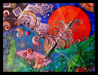 Mixed media collage created out of acrylic paint and vintage Japanese kites.