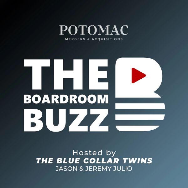 Podcast logo for The Boardroom Buzz, hosted by The Blue Collar Twins.