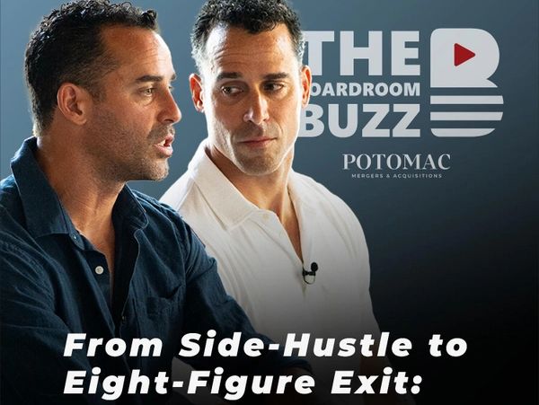 Two men discuss business growth from side hustle to eight-figure exit on The Boardroom Buzz.