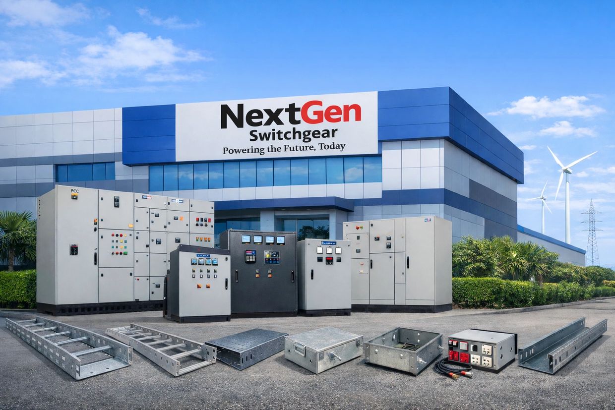 Electrical switchgear units and cable trays displayed in front of NextGen Switchgear building.