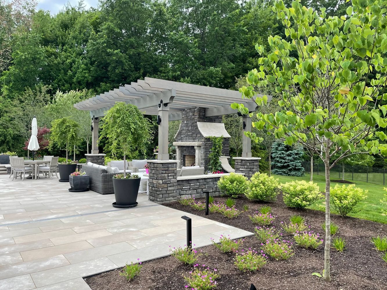 serene landscape patio enjoy backyard retreat Garden Outdoor living Residential lighting pool